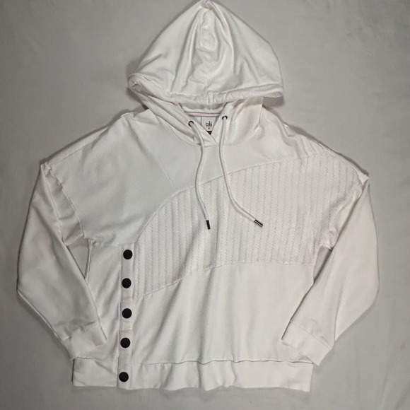 CAbi Tops - Cabi ATC Roadtrip Hoodie Womens M White Asymmetrical Mixed Texture Button Detail
